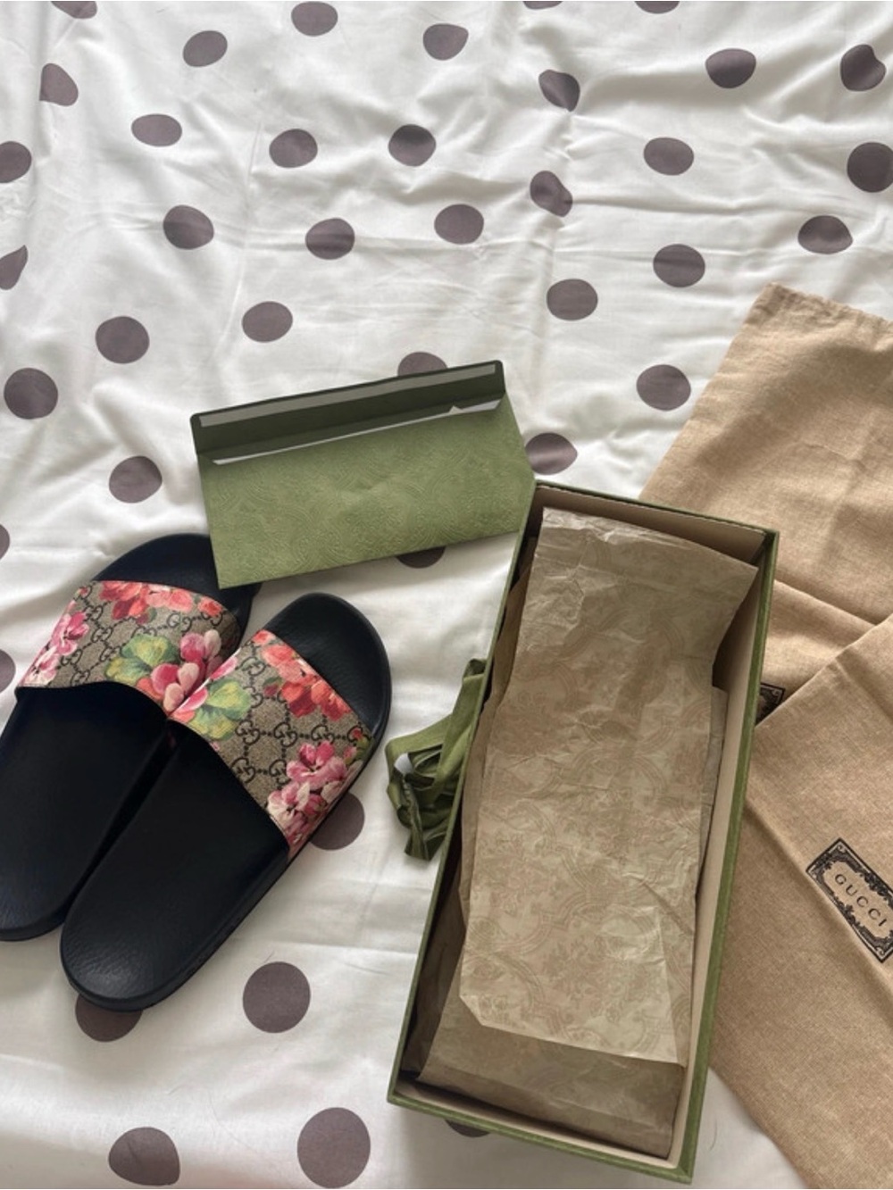Gucci Black Slides with Pink & Green Floral GG Strap
